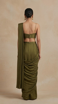 Mehendi green pre-draped saree and blouse set for weddings and festive occasions