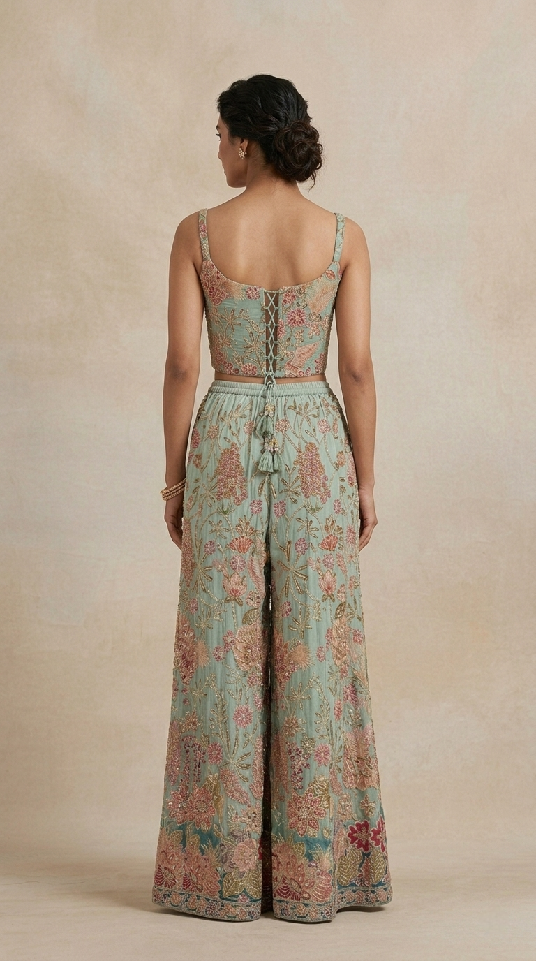 Blue printed sequins embroidered sharara with detailed cutdana and beadwork