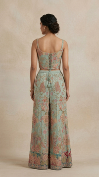 Blue printed sequins embroidered sharara with detailed cutdana and beadwork