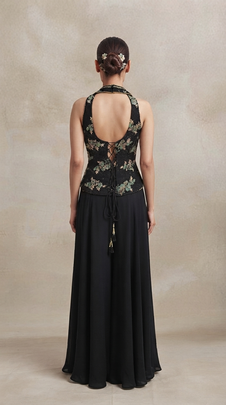 Black sequins sharara set with embroidered choker dupatta