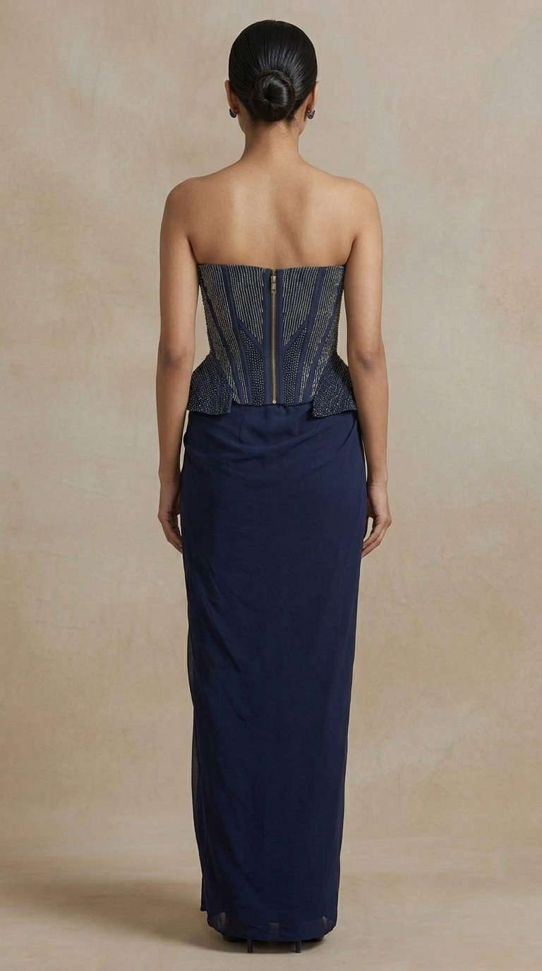 Blue pleated skirt with sculpted corset outfit for sangeet