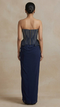 Blue pleated skirt with sculpted corset outfit for sangeet