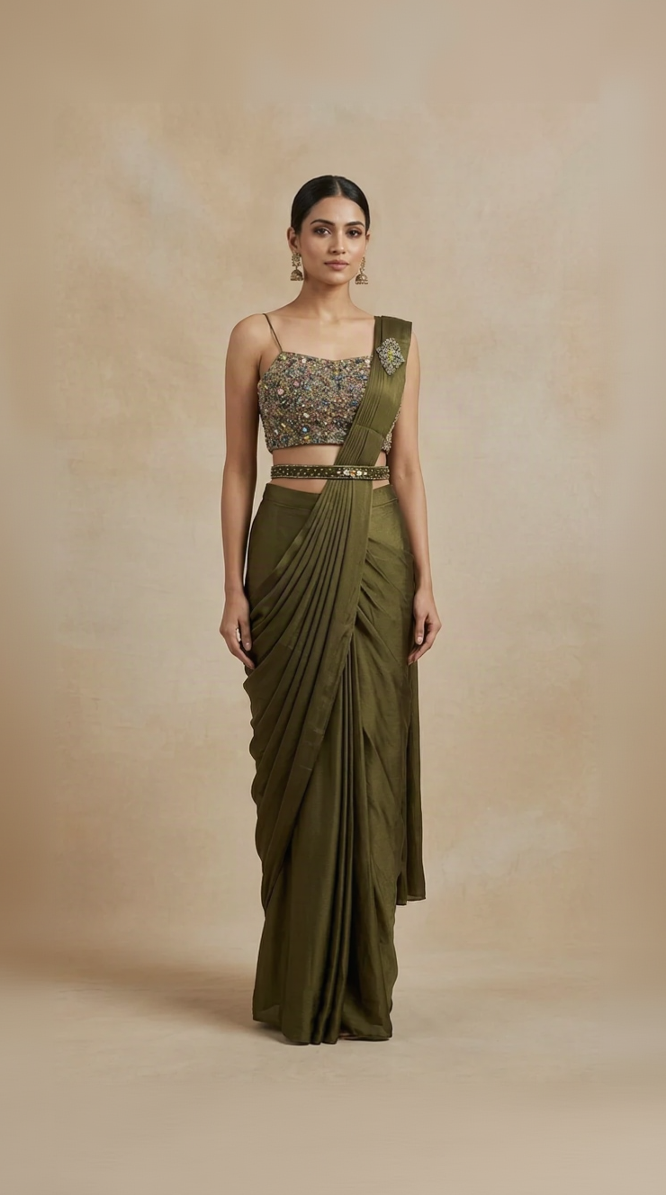 Mehendi green gems embellished ready to wear saree set with pre-draped silk saree and blouse