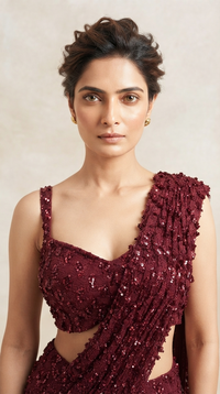 Close-up of red sequin embroidery on pre-draped saree set