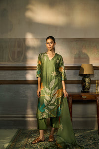 GREEN SEQUINS EMBROIDERED PRINTED SILK KURTA SET