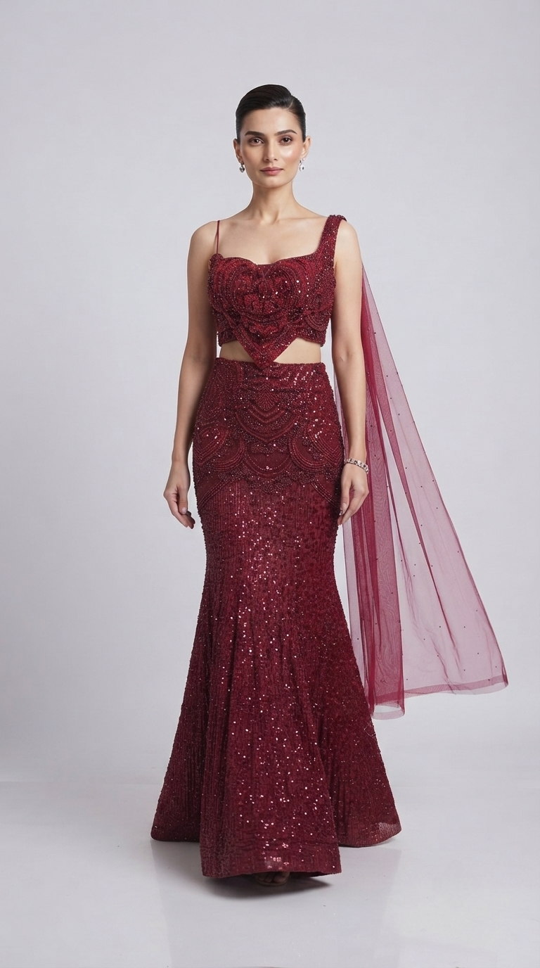 Maroon designer fish cut lehenga with sequins, beads, cutdana and stone embroidery