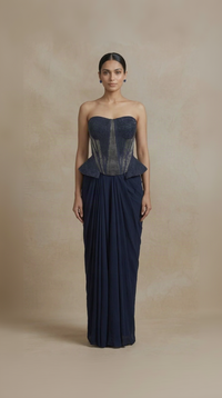 Blue sculpted corset with pleated skirt set for wedding and sangeet