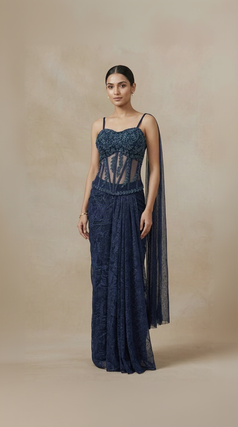 Blue sculpted corset with pleated skirt set for wedding and sangeet