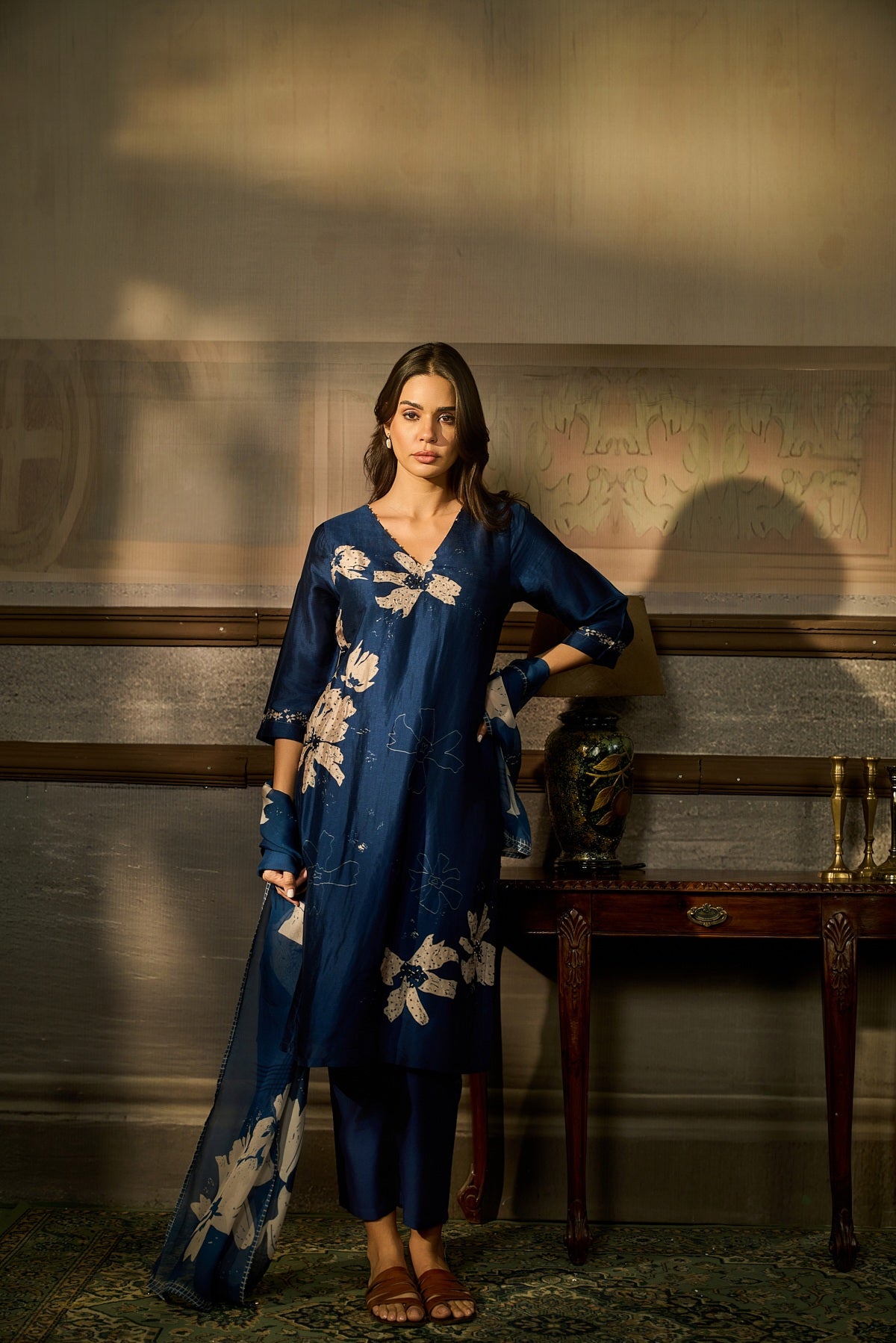 BLUE BEADS EMBROIDERED SILK KURTA SET