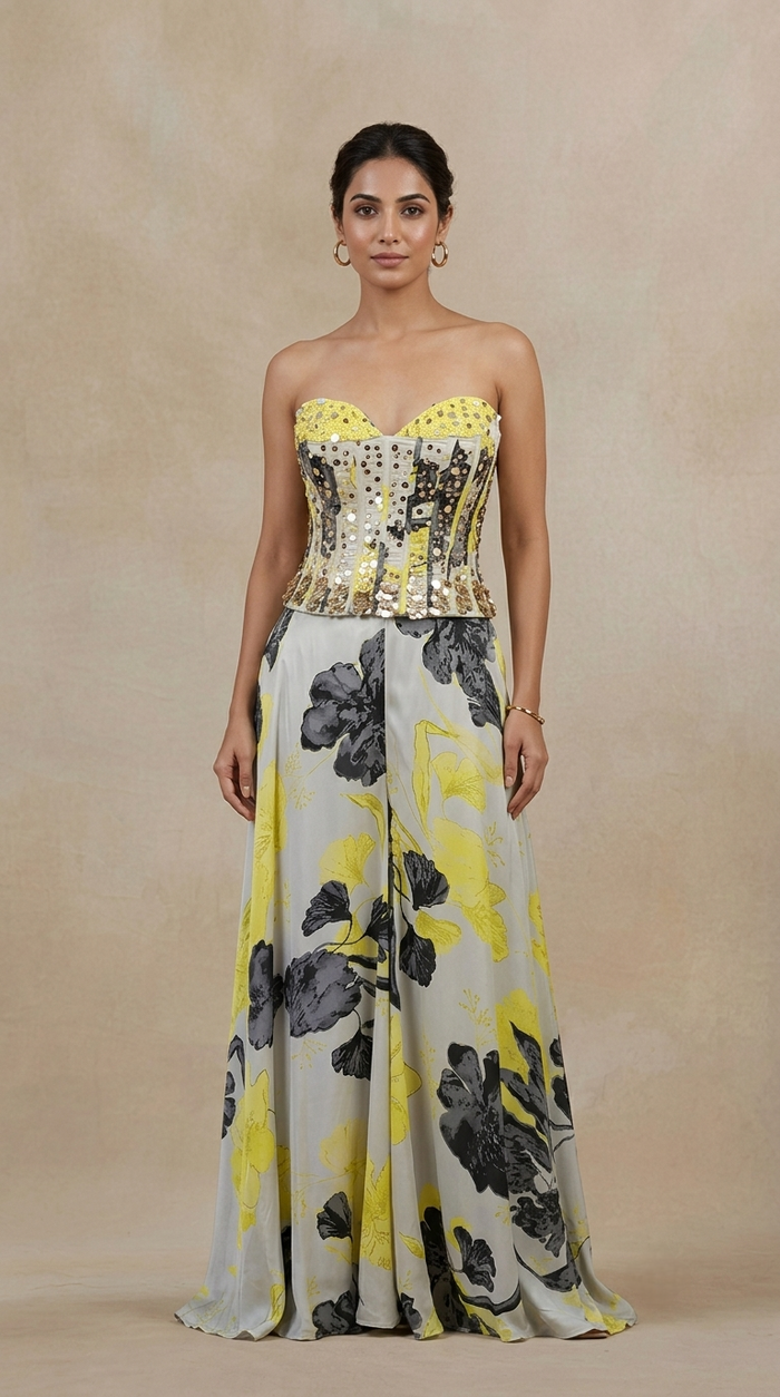 YELLOW SEQUINS EMBROIDERED CORSET SHARARA SET