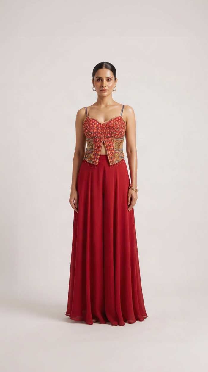 RED EMBROIDERED GEORGETTE INDOWESTERN SET