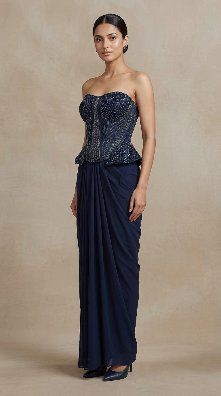 Blue corset and pleated skirt party wear set for reception