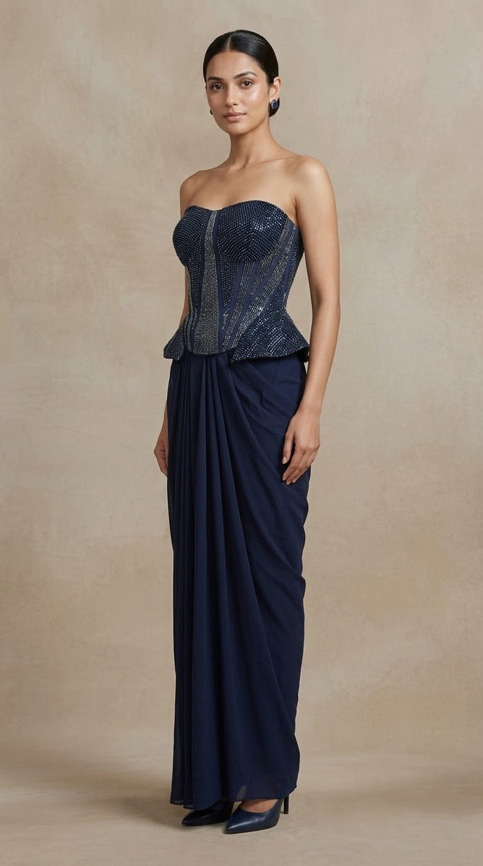 Blue corset and pleated skirt party wear set for reception