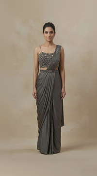 Grey gems embellished ready to wear saree set with pre-draped silk saree and blouse