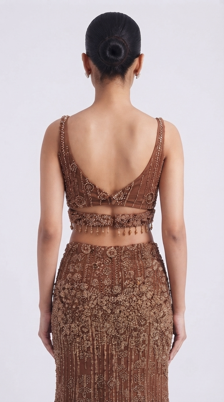 Brown fish cut designer lehenga choli with embellished blouse and embroidered dupatta