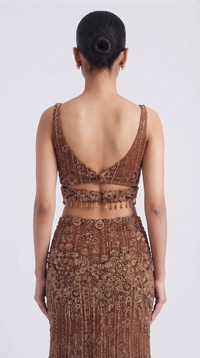 Brown fish cut designer lehenga choli with embellished blouse and embroidered dupatta