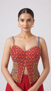 RED EMBROIDERED GEORGETTE INDOWESTERN SET