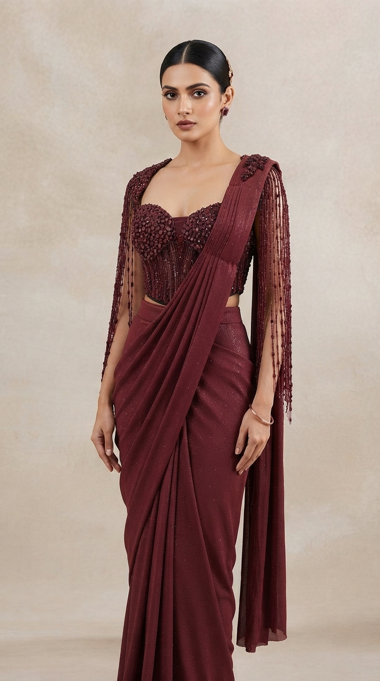 Stylish wine crystal corset pre-draped saree for cocktail nights, festive events, receptions and special occasions