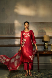 RED BEADS EMBROIDERED SILK KURTA SET
