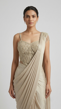 Fawn pre-pleated pastel corset saree with cutdana embroidery for sangeet, festive celebrations and parties