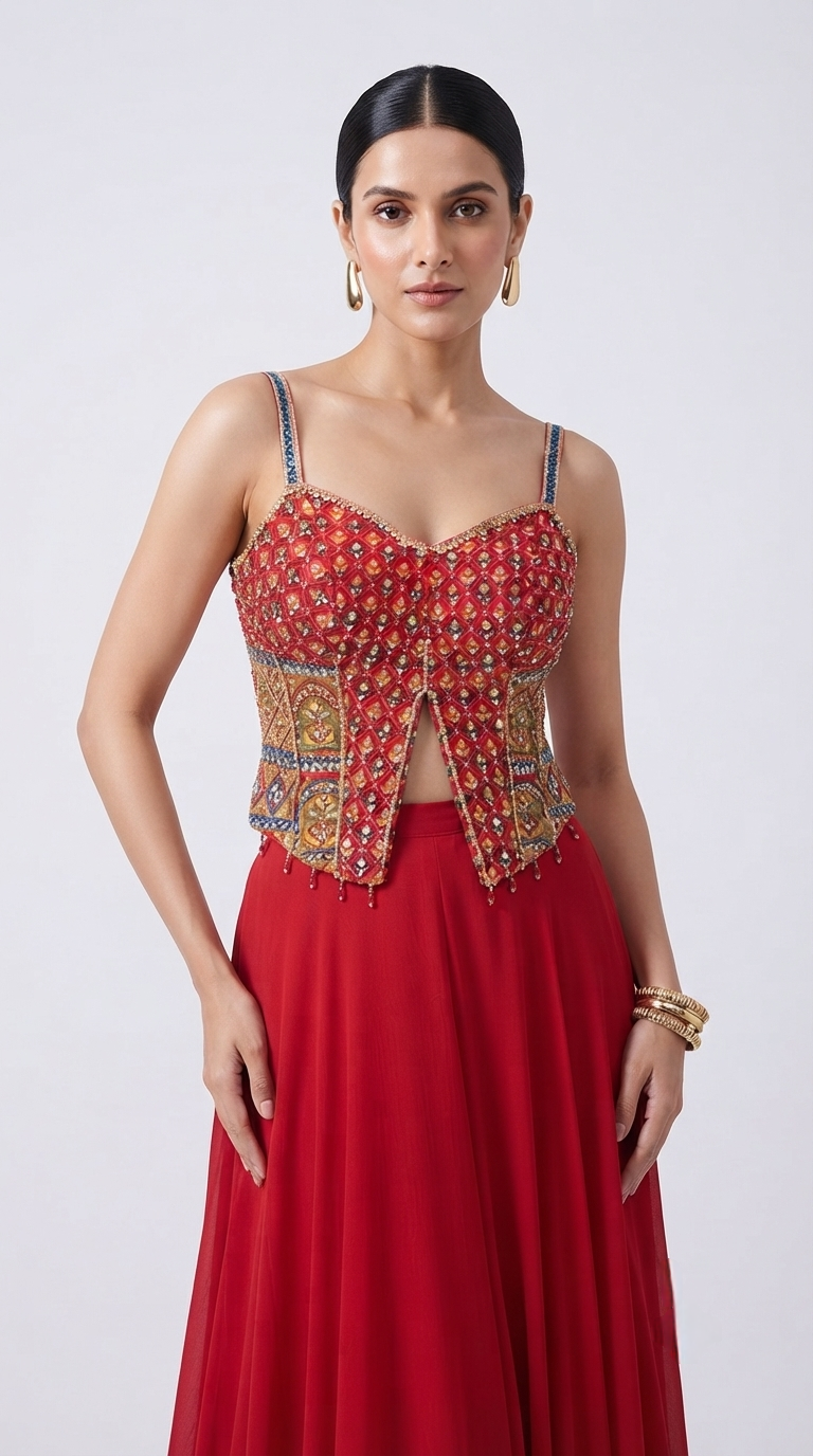 RED EMBROIDERED GEORGETTE INDOWESTERN SET