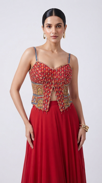 RED EMBROIDERED GEORGETTE INDOWESTERN SET