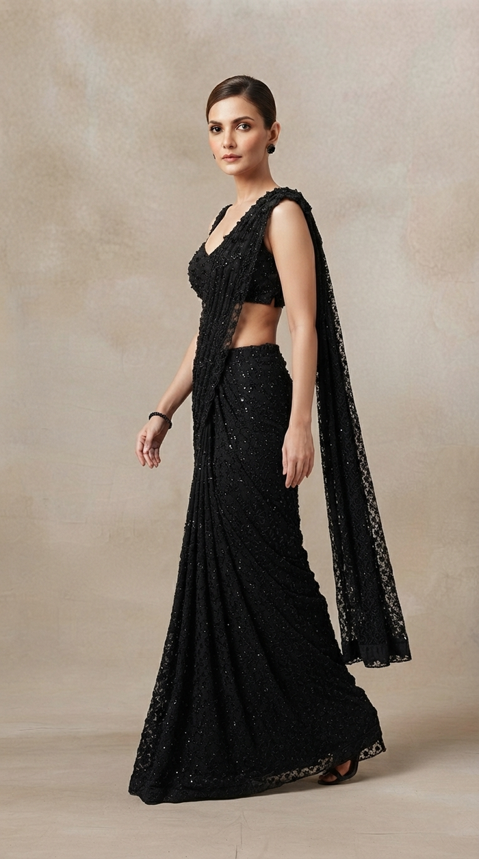 Black pre-draped saree with sequin embroidery for cocktail parties