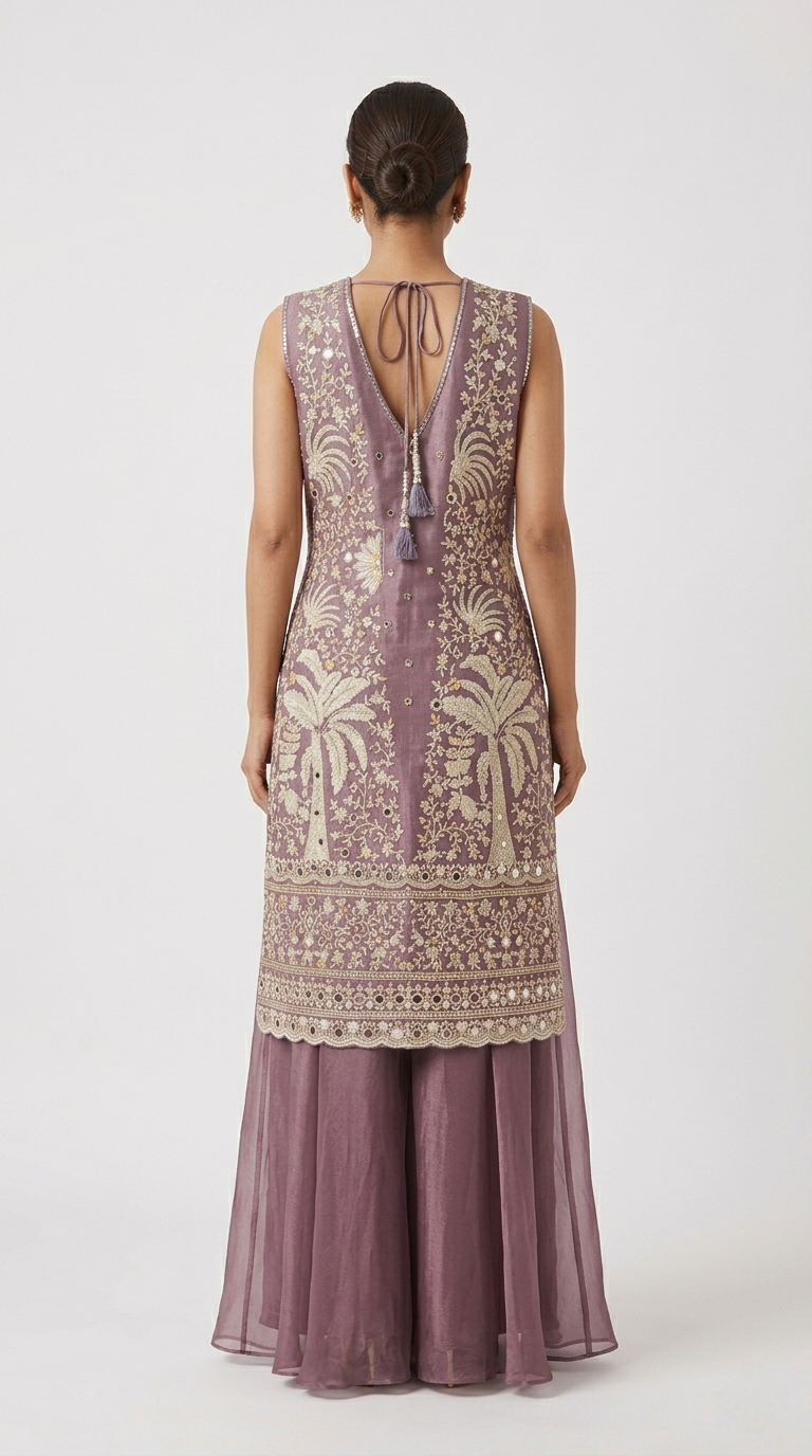 PURPLE EMBROIDERED TISSUE SILK SHARARA SET WITH JACKET