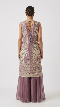 PURPLE EMBROIDERED TISSUE SILK SHARARA SET WITH JACKET