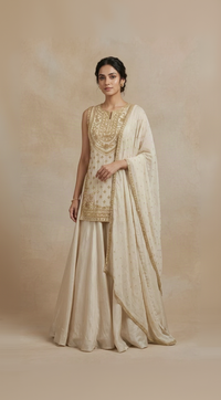 IVORY TISSUE SILK EMBROIDERED DESIGNER LEHENGA SET