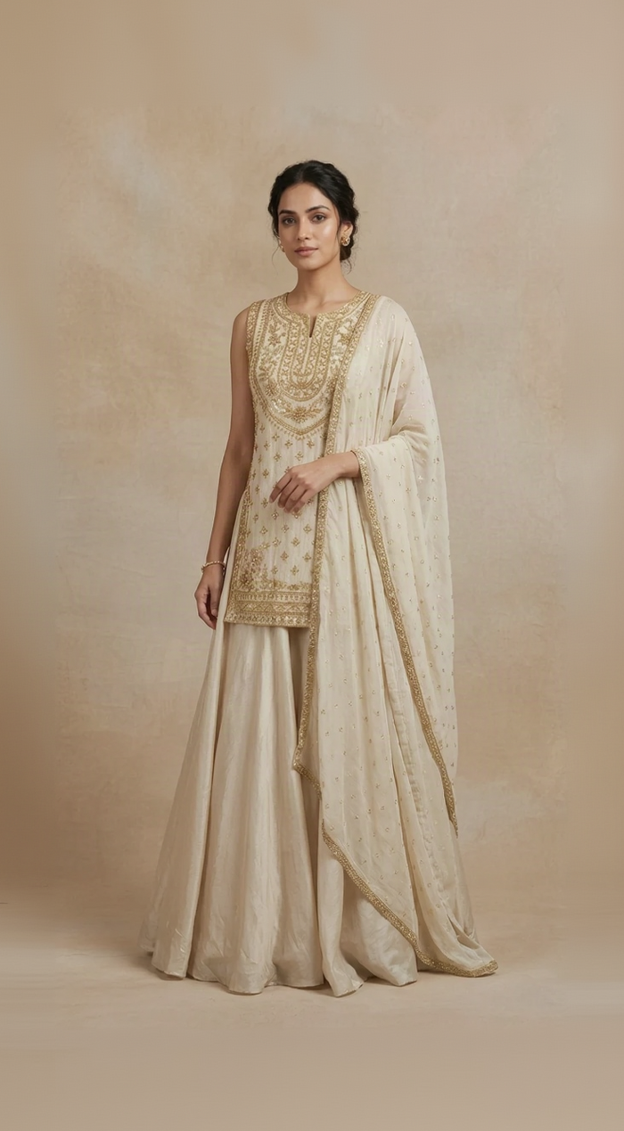 IVORY TISSUE SILK EMBROIDERED DESIGNER LEHENGA SET