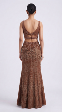 Brown embroidered wedding lehenga set with intricate stone, bead and sequin detailing