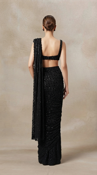 Black cocktail pre-draped saree with sequin work for party wear