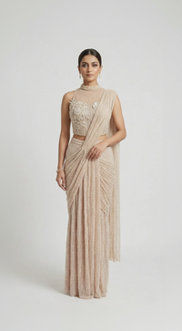 PEARL EMBROIDERED READY TO WEAR IVORY COCKTAIL SAREE