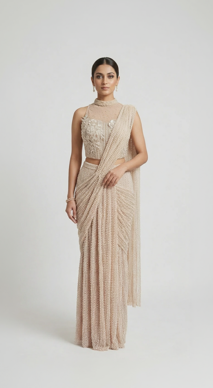 PEARL EMBROIDERED READY TO WEAR IVORY COCKTAIL SAREE
