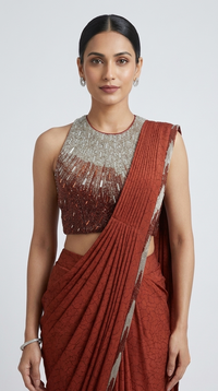 Rust pre-draped saree with intricately embroidered blouse for festive occasions