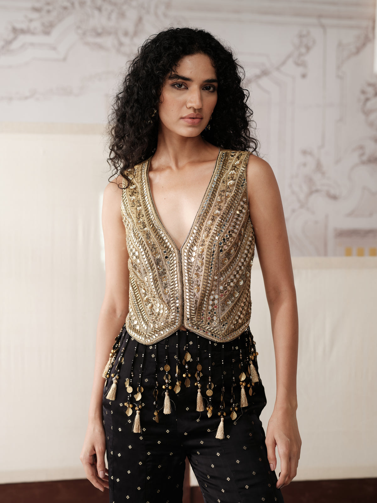 Black mirror embroidered bell bottom sharara set with embellished blouse