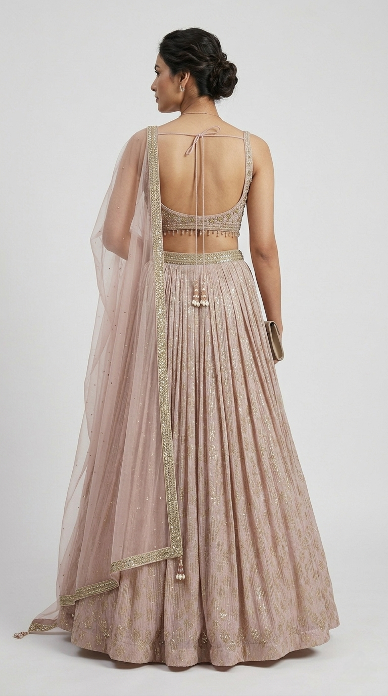 Pink embroidered lehenga set with sparkling sequins and crystal tassels
