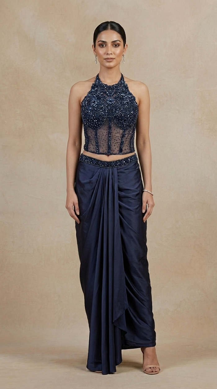 Blue crystal and beads embroidered corset blouse with pleated skirt, designer Indian festive outfit for reception and party wear.