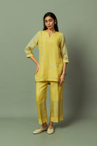 YELLOW PITA WORK ZARI LINEN CO-ORD SET