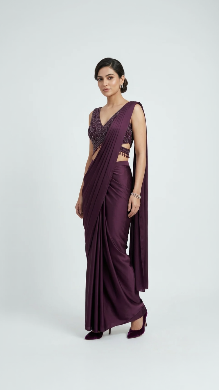 WINE EMBROIDERED READYMADE SAREE