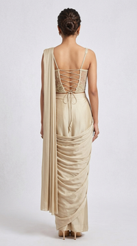 Fawn pastel silk corset saree with elegant embroidery for weddings, engagement parties, receptions and celebrations