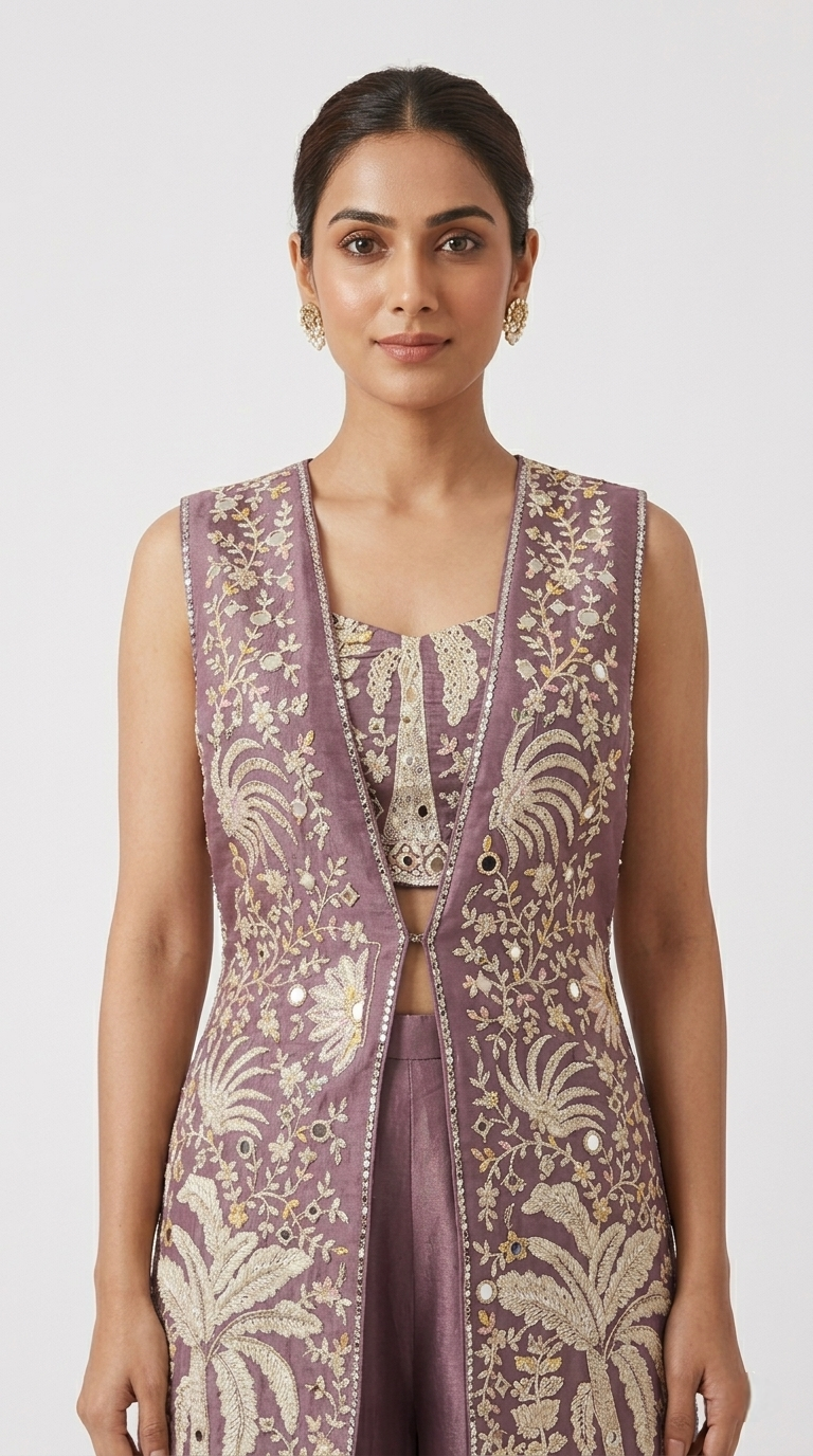 PURPLE EMBROIDERED TISSUE SILK SHARARA SET WITH JACKET