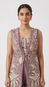 PURPLE EMBROIDERED TISSUE SILK SHARARA SET WITH JACKET