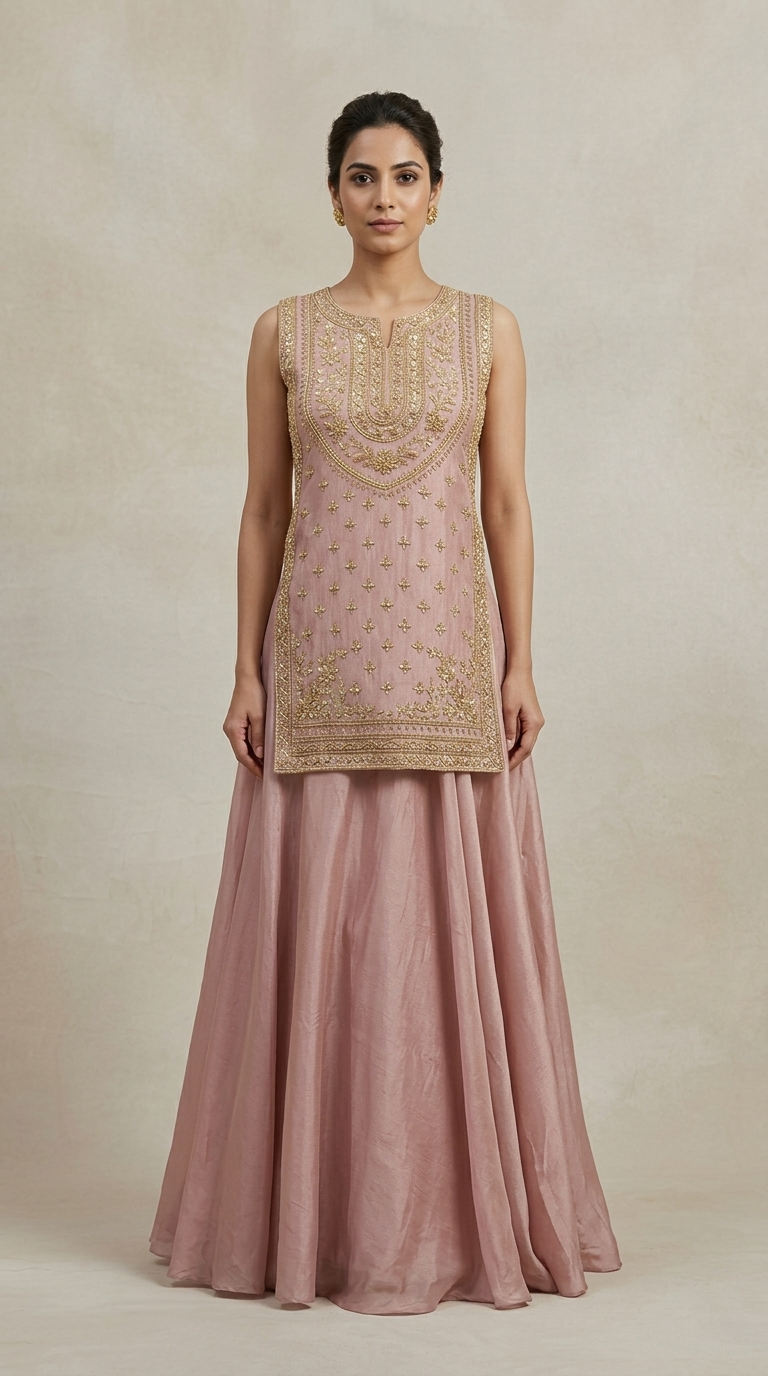 Pink tissue silk lehenga featuring intricate embroidery and embellished blouse
