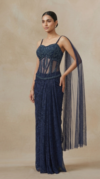 Blue corset and pleated skirt party wear set for reception