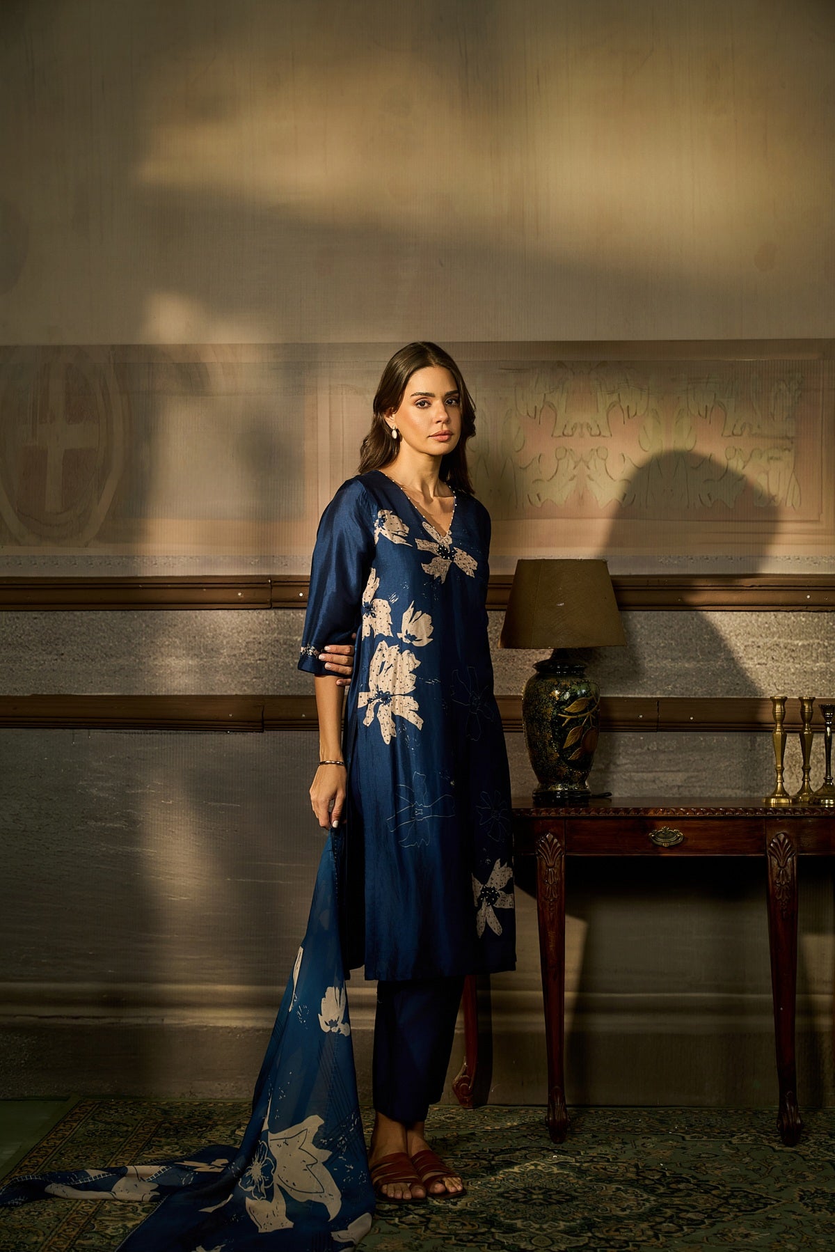 BLUE BEADS EMBROIDERED SILK KURTA SET