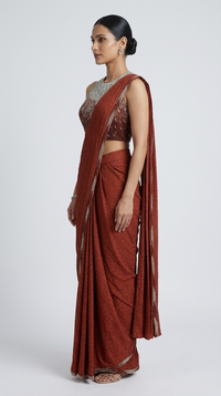 Rust embroidered blouse and pre-draped saree party wear outfit for sangeet