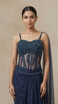 Blue sculpted corset skirt set for festive and wedding occasions