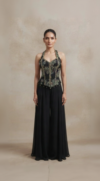 Black sequins sharara set with green embroidery and embellished top